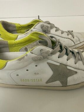 Golden Goose White Leather Sneakers with Neon Yellow Heel